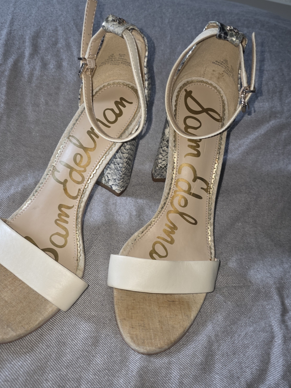 Sam Edelman White Leather Ankle-Strap Block Heel Sandals